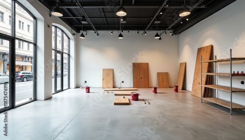 Fototapeta Naklejka Na Ścianę i Meble -  Retail space undergoing renovation. Wooden panels, construction materials scattered throughout floor. New store preparing for opening. Interior design process underway. Work in progress with focus on