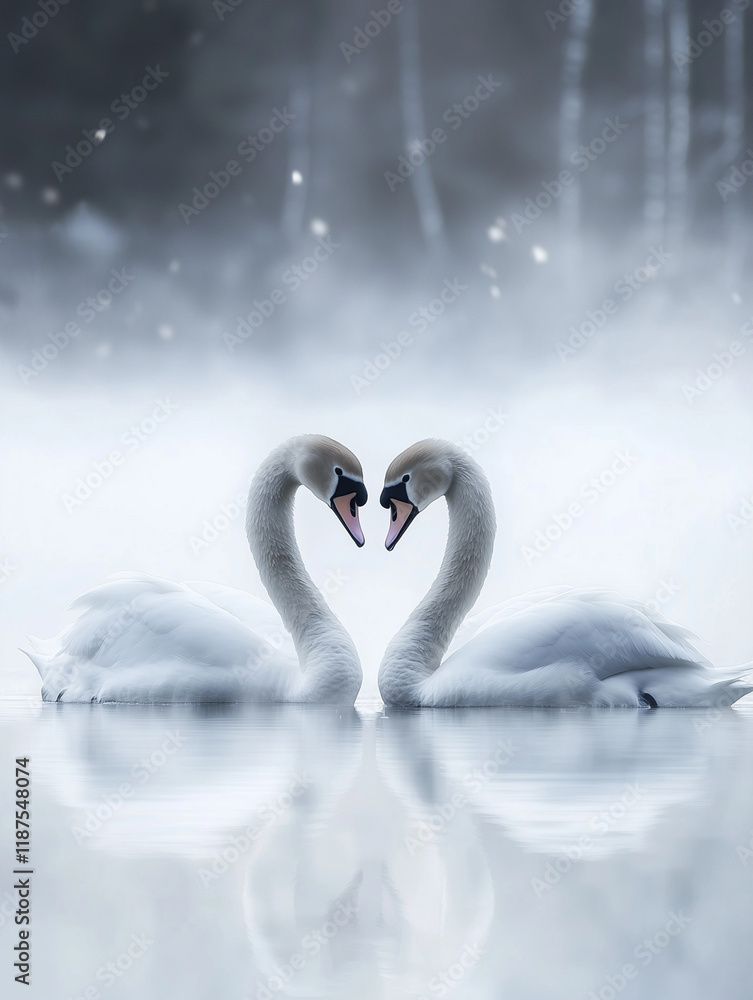 Fototapeta premium A pair of swans in love, black and white, forming a heart shape