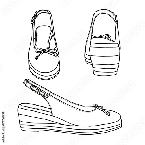Women's Closed Toe Espadrilles Wedges Shoes Platform Slingback Mid Low Heel line art, Technical sketch hand drawing outline vector doodle various view isolated on white background for coloring page