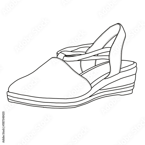 Women's Closed Toe Espadrilles Wedges with Slingback Strap Mid Low Heel line art, Technical sketch hand drawing outline vector doodle isometric view isolated on white background for coloring page