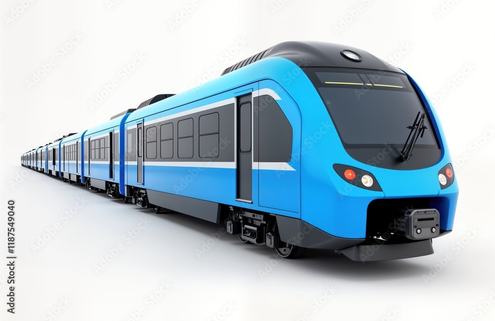 Fototapeta premium Modern blue commuter train shown on transparent background. Commuter rail transit mode isolated. Fast efficient train system with innovative tech design. Empty train carriages seen. City