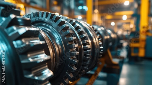 Rusty gears meshing in a factory environment, with subtle light contrasts emphasizing the industrial atmosphere.