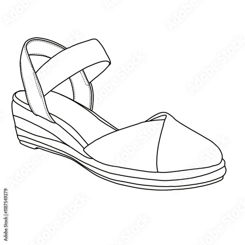 Women's Closed Toe Espadrilles Wedges with Strap Mid Low Heel line art, Technical sketch hand drawing outline vector doodle top and bottom view isolated on white background for coloring page