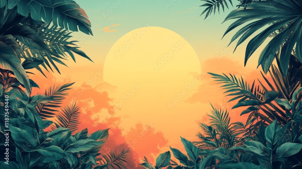 Naklejka premium Tropical Sunset Over Lush Foliage A Paradise View Framed by Greenery with a Vibrant Golden Sun Setting in the Horizon