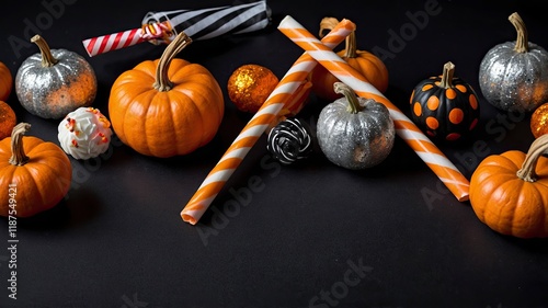 Happy Halloween! Carving Jack o lantern pumpkin, glowing ghosts and spiders on table in living room. Spooky atmospheric halloween decorations
 photo