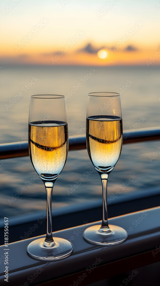Two champagne glasses on a balcony at sunset over the ocean. Two champagne glasses on a balcony at sunset over the ocean.