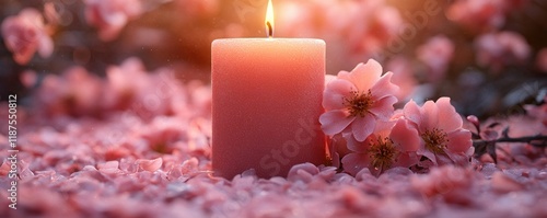 Pink Candle with Warm Glow Surrounded by Rose Petals and Blooms in Serene Still Life for Festivals photo