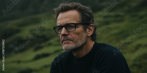 A middle-aged man with glasses gazes thoughtfully into the distance, surrounded by lush green hills, capturing a moment of reflection in a serene landscape.