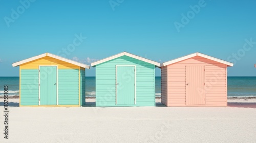 Bright beach cabanas by the sea: perfect for summer design and coastal themes photo