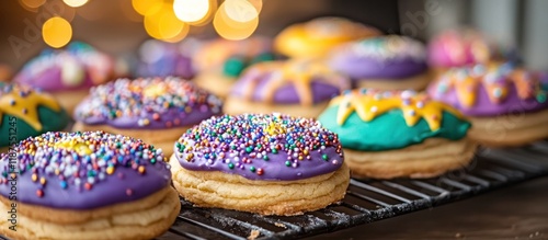 Vibrant assortment of colorfully decorated donuts displayed on a baking rack ready to be enjoyed as a festive treat or an indulgent gourmet dessert  The donuts feature a variety of sprinkled toppings photo