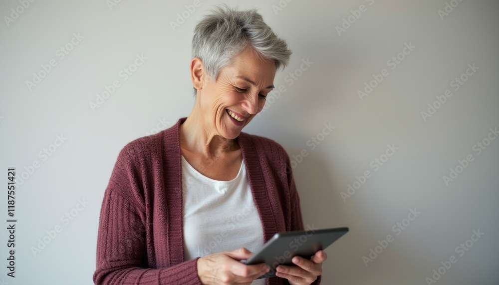 An elderly woman with short gray hair smiles warmly while holding a tablet, dressed in a cozy cardigan. The image radiates joy and connection, capturing a moment of engagement with technology that An elderly woman with short gray hair smiles warmly while holding a tablet, dressed in a cozy cardigan. The image radiates joy and connection, capturing a moment of engagement with technology that