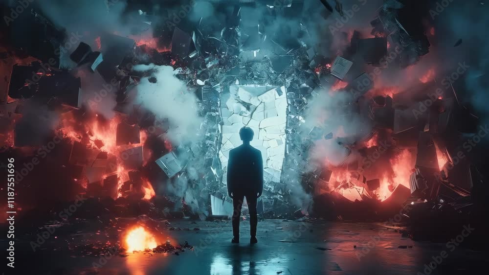 Lonely man silhouette near broken glass with exploding shards flying around while fire and smoke engulf space. Figure represents shattered dreams, solitude. Heartbreak and emotional devastation Lonely man silhouette near broken glass with exploding shards flying around while fire and smoke engulf space. Figure represents shattered dreams, solitude. Heartbreak and emotional devastation