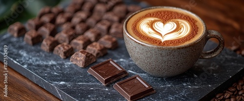 Latte art heart design in cup with chocolate pieces on marble.