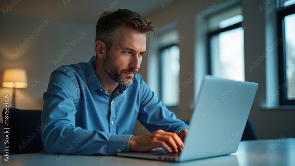 Man Working Late on His Laptop Computer at Home Man Working Late on His Laptop Computer at Home