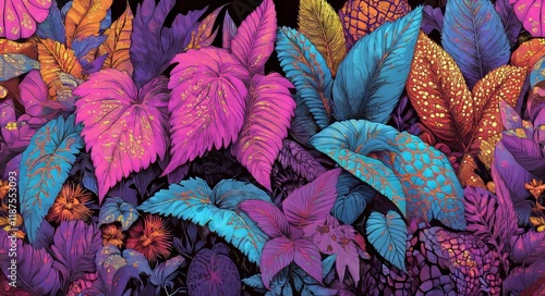Modern, seamless jungle wallpaper with a black background, created using AI and generative technology  Men's prints with a tropical leaves and flowers motif in a night style