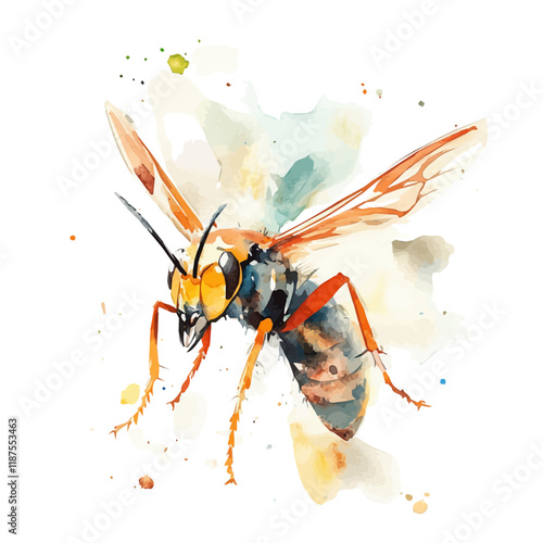 A watercolor vector painting of a Wasp, isolated on a white background. Wasp vector.

