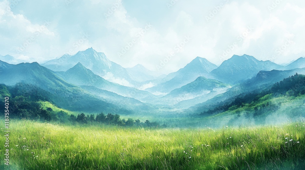Obraz premium A Serene Valley View with Rolling Mountains and Misty Layers Under a Light Blue Sky and Lush Green Grasses