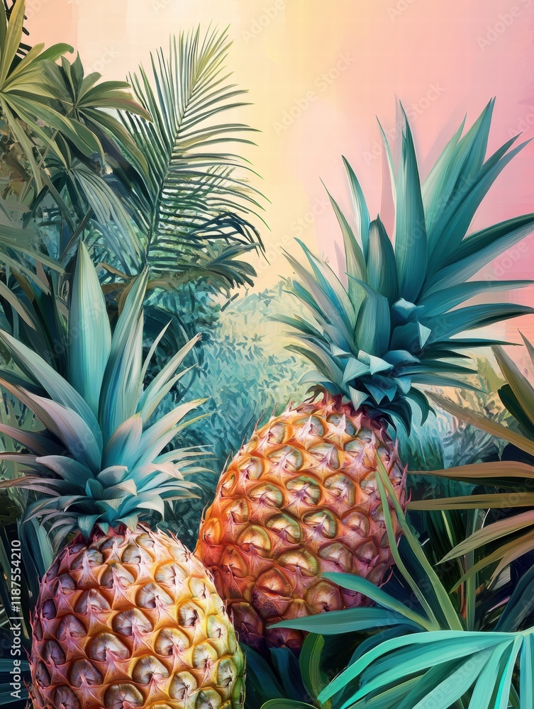 Pineapples thriving amidst lush palm trees and vibrant tropical foliage in a colorful setting. Generative AI Pineapples thriving amidst lush palm trees and vibrant tropical foliage in a colorful setting. Generative AI