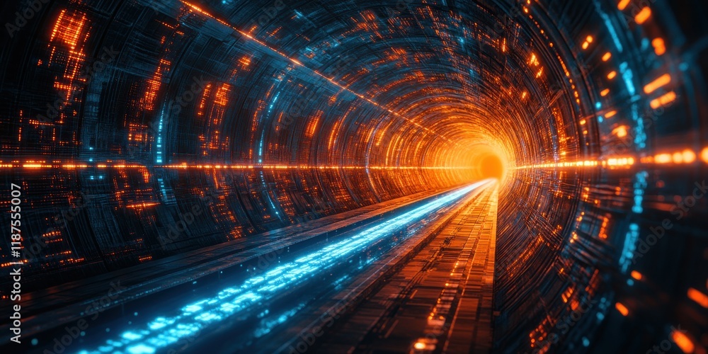 Futuristic Digital Tunnel with Glowing Data Streams and Vibrant Colors in Impressionist Style Futuristic Digital Tunnel with Glowing Data Streams and Vibrant Colors in Impressionist Style