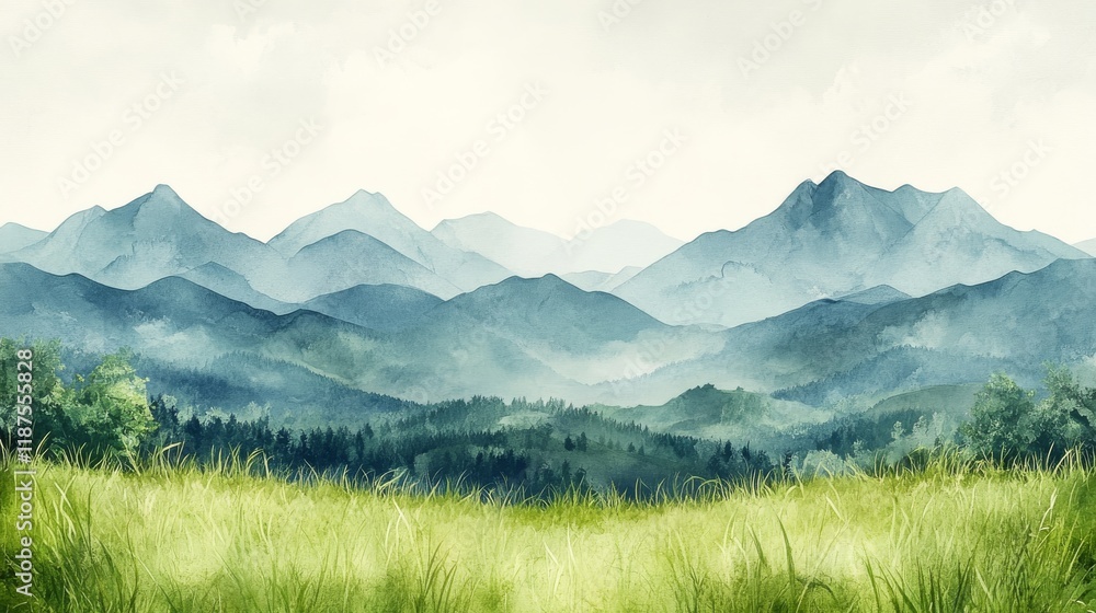 Obraz premium Watercolor Mountain Vista with Emerald Meadow and Hazy Blue Peaks in a Tranquil Scene perfect for calm and peaceful decor