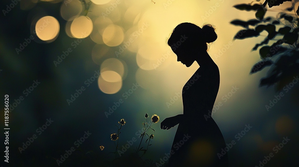A woman silhouette near a tree with a flower in the foreground and sun in the background A woman silhouette near a tree with a flower in the foreground and sun in the background