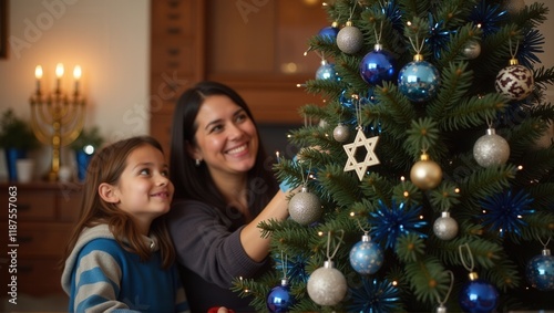 A mother and son decorating a Christmas tree with glowing lights and shiny ornaments, sharing a joyful moment in a warm, festive atmosphere. Generative, AI,