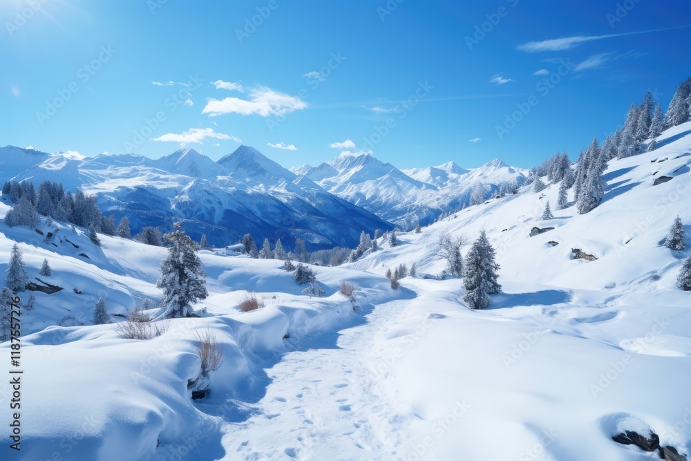 Scenic winter landscape showcasing snow-covered mountains and a serene pathway through a tranquil forest under clear blue skies Scenic winter landscape showcasing snow-covered mountains and a serene pathway through a tranquil forest under clear blue skies