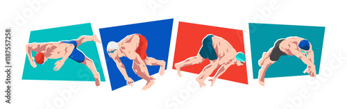 Set of male swimmer character in action. Isolated on white background. Flat vector illustration.