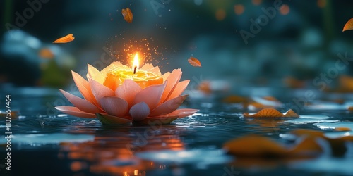 Lotus Flower Candle Floating on Water for Deepavali Diwali Hindu Festival of Lights Celebration photo