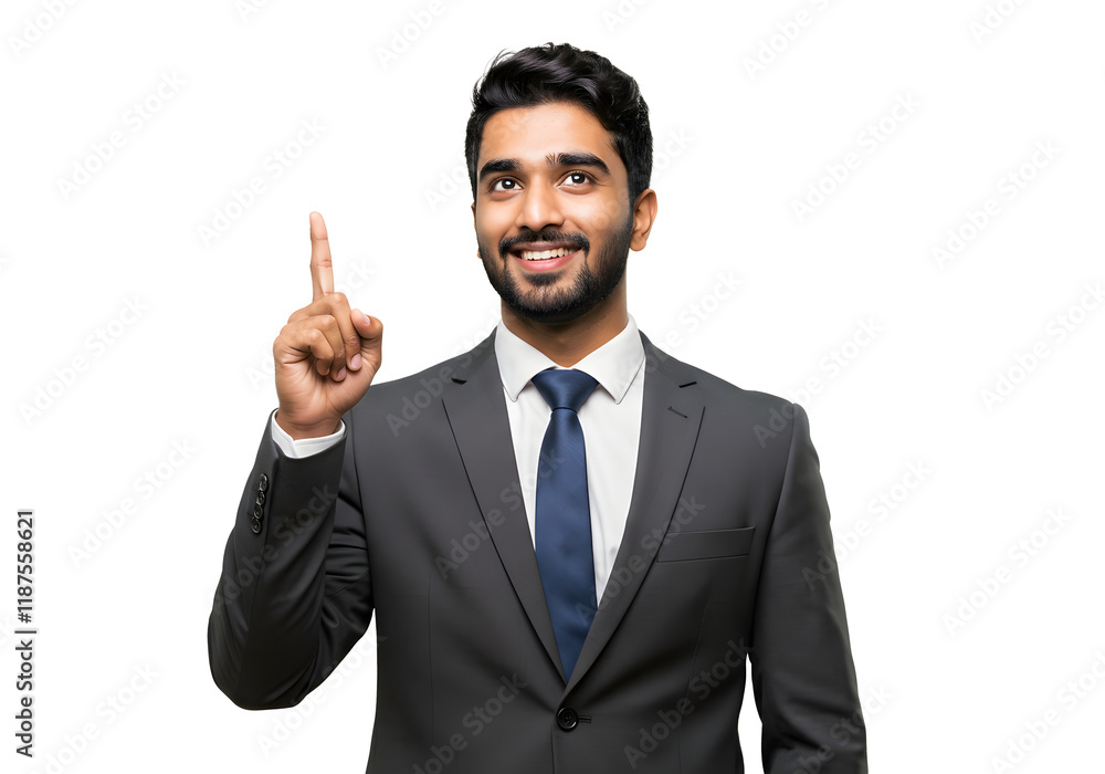 Handsome smiling male executive pointing his finger Handsome smiling male executive pointing his finger