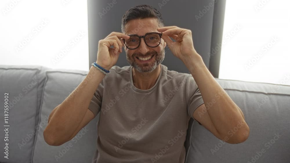 custom made wallpaper toronto digitalMan smiling wearing glasses on cozy sofa at home showing cheerful relaxed atmosphere in modern apartment interior setting.