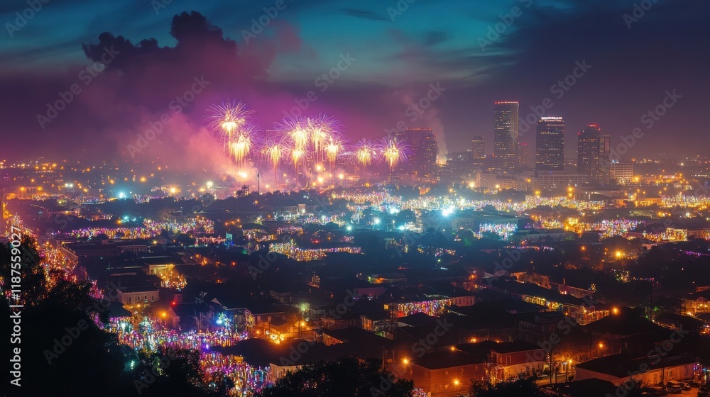 Obraz premium Mesmerizing cityscape illuminated by a vibrant fireworks display that lights up the night sky reflected in the serene waters of a lake or river