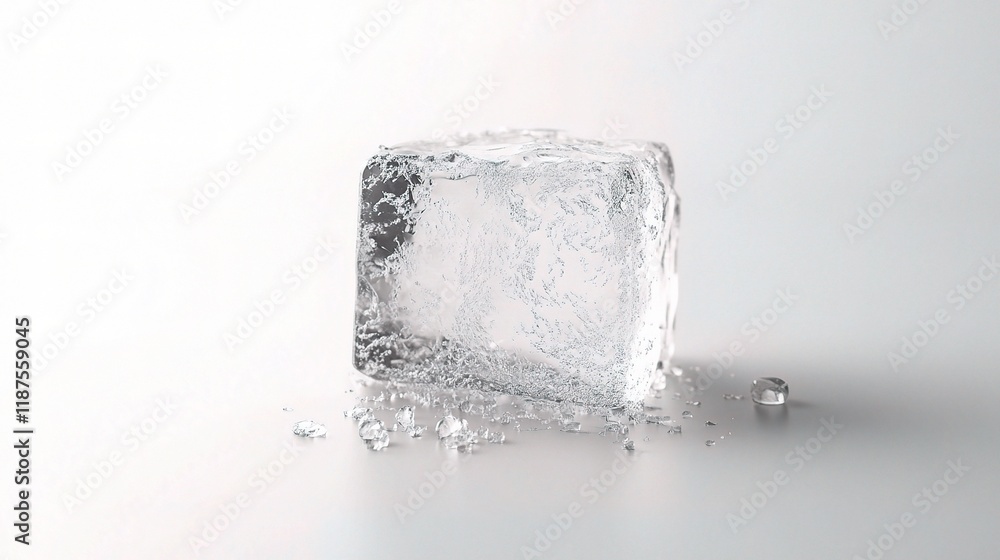 Single Ice Cube Isolated on White Background with Water Drops Single Ice Cube Isolated on White Background with Water Drops