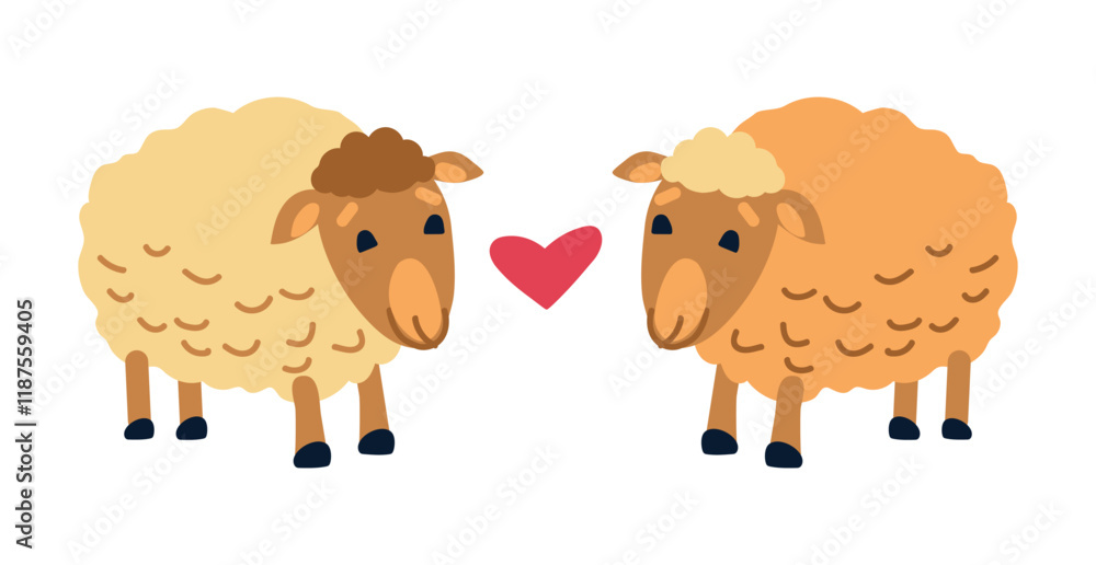 Obraz premium Couple of cute funny sheeps in love. Valentine's Day illustration on white background