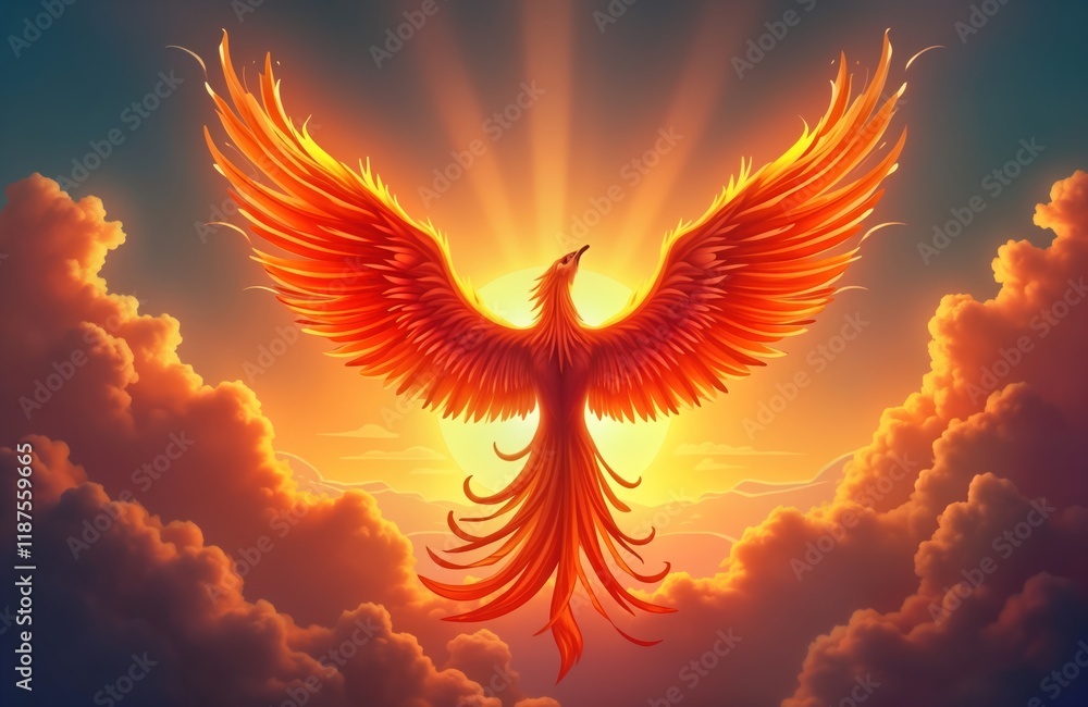 Fiery phoenix bird soars high in sunset sky. Mythical creature with vibrant flames as wings, feathers. Sun rays illuminate fiery form. Aerial view. Powerful, beautiful mythical creature in majestic Fiery phoenix bird soars high in sunset sky. Mythical creature with vibrant flames as wings, feathers. Sun rays illuminate fiery form. Aerial view. Powerful, beautiful mythical creature in majestic