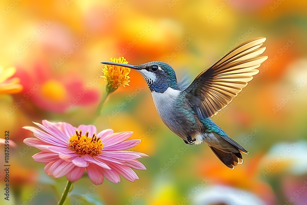 Fototapeta premium Hummingbird in Flight Feeding on Flowers