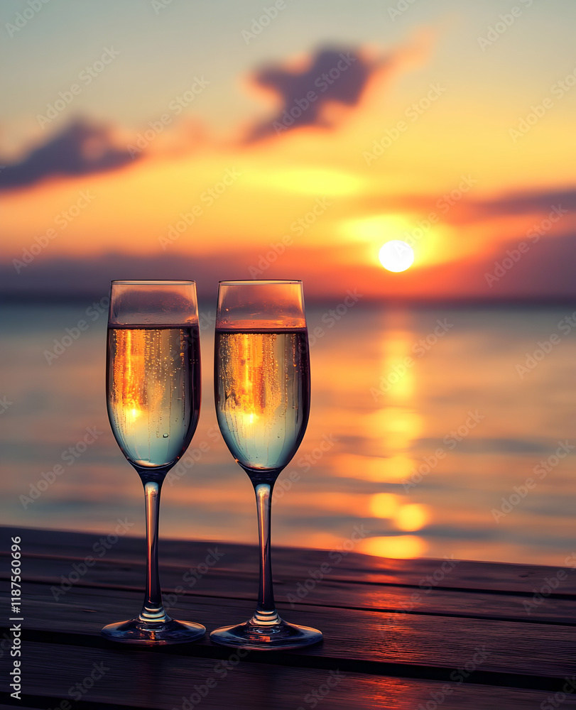 Two glasses of sparkling wine at sunset over a calm body of water. Two glasses of sparkling wine at sunset over a calm body of water.