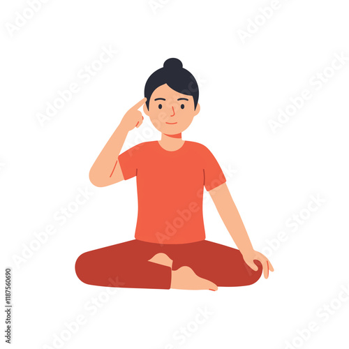 woman sits in a lotus position and touches her temple with her finger