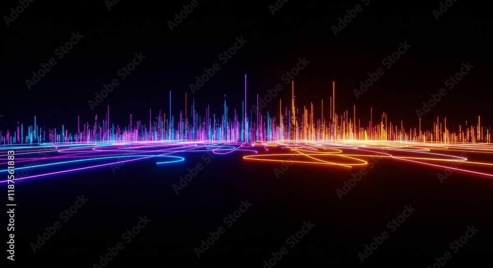 Digital Soundscape: A dynamic digital audio waveform pulses with vibrant, colorful light against a dark backdrop, creating a sense of energy and technological innovation. Digital Soundscape: A dynamic digital audio waveform pulses with vibrant, colorful light against a dark backdrop, creating a sense of energy and technological innovation.