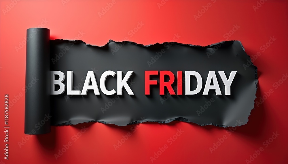 Black Friday sale announcement. Torn red paper background black banner with white, red words Black Friday. Promotional image for retail business. Attractive design. Great for marketing, advertising Black Friday sale announcement. Torn red paper background black banner with white, red words Black Friday. Promotional image for retail business. Attractive design. Great for marketing, advertising