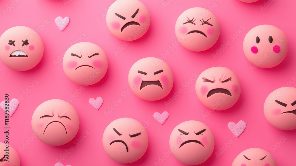 A high-resolution design featuring a variety of frowning emoji faces, each with nuanced expressions and delicate details in pastel pink shades, conveying diverse feelings. A high-resolution design featuring a variety of frowning emoji faces, each with nuanced expressions and delicate details in pastel pink shades, conveying diverse feelings.