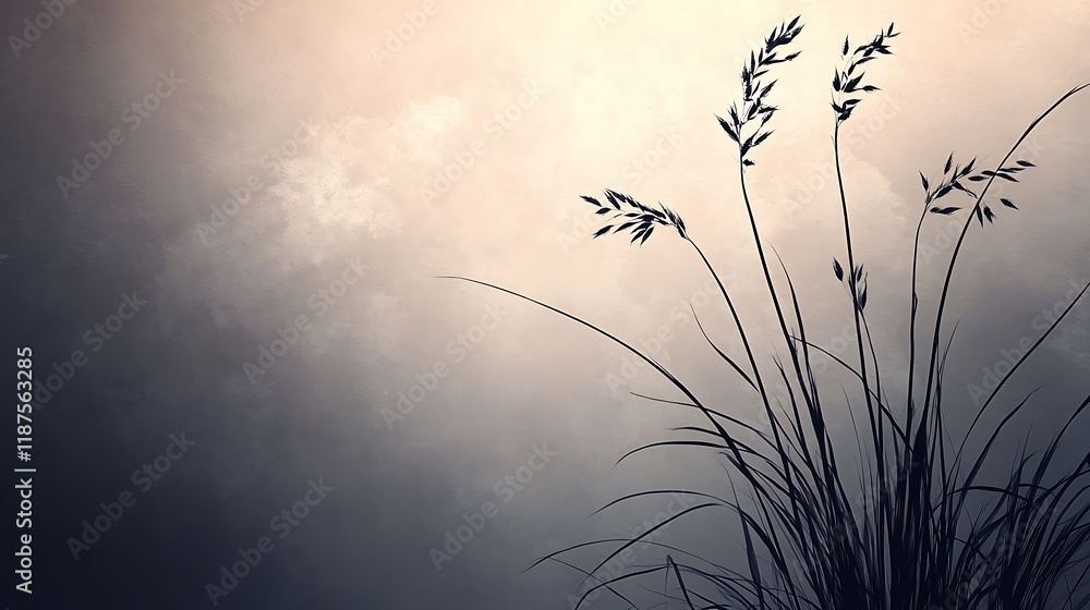 Silhouetted Grass Blades Against A Cloudy Sky Silhouetted Grass Blades Against A Cloudy Sky