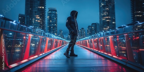 Model standing on a modern bridge at night wearing a modular long jacket with magnetic closures and smart fabric technology paired with tactical boots illuminated by glowing streetlights