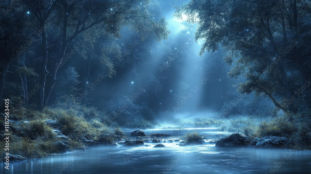 Enchanted Forest at Night: A Magical Moonlight Scene with Glowing Stream Enchanted Forest at Night: A Magical Moonlight Scene with Glowing Stream