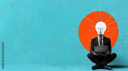 Wallpaper Mural Contemporary artistic collage featuring a man in a business suit with a laptop and a lightbulb in place of his head, symbolizing creativity, innovation, and modern professional life. Torontodigital.ca