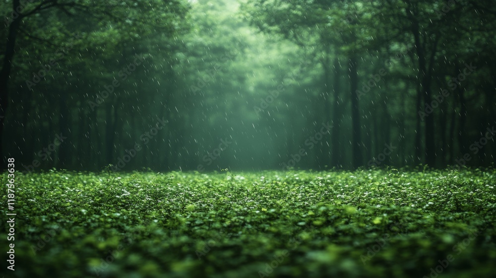 Fototapeta premium Emerald Rain, A tranquil forest scene bathed in soft rain with a vibrant green undergrowth glistening beneath the dark trees