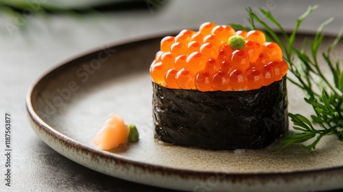 High-resolution shot of a sushi roll topped with bright, plump salmon roe, served on a minimalist ceramic plate with garnish on the side.