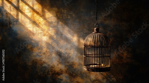 Empty birdcage hanging in sunlit room.