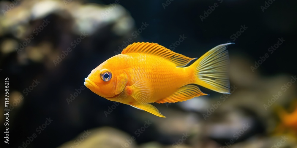 A bright orange goldfish swims elegantly through water, showcasing its vivid colors and fluid movements, representing beauty and tranquility in aquatic life.