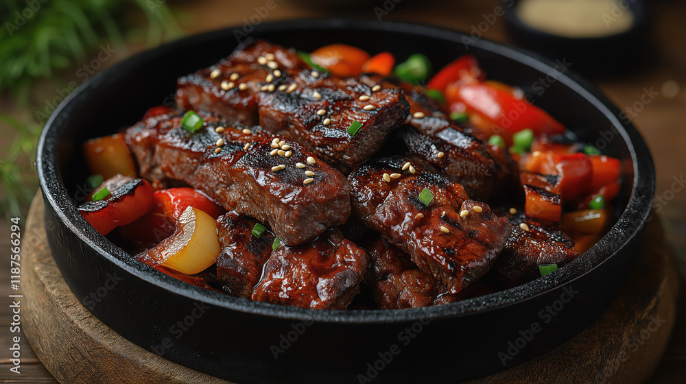 Korean BBQ Beef Short Ribs with Grilled Onions and Bell Peppers on a Sizzling Skillet Korean BBQ Beef Short Ribs with Grilled Onions and Bell Peppers on a Sizzling Skillet